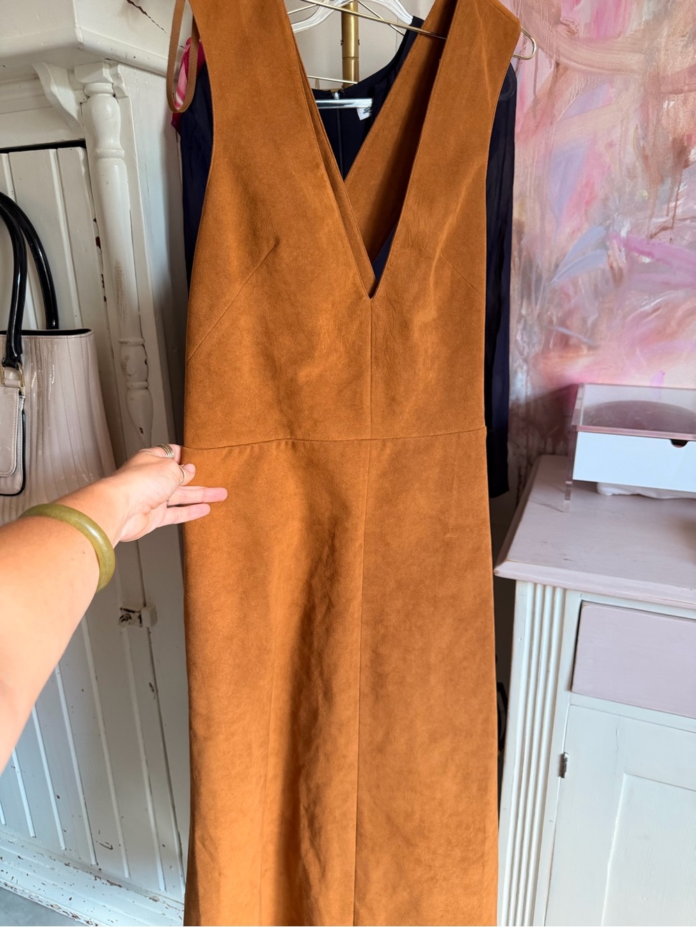 Tibi V-Neck Suede Midi Dress in Cognac